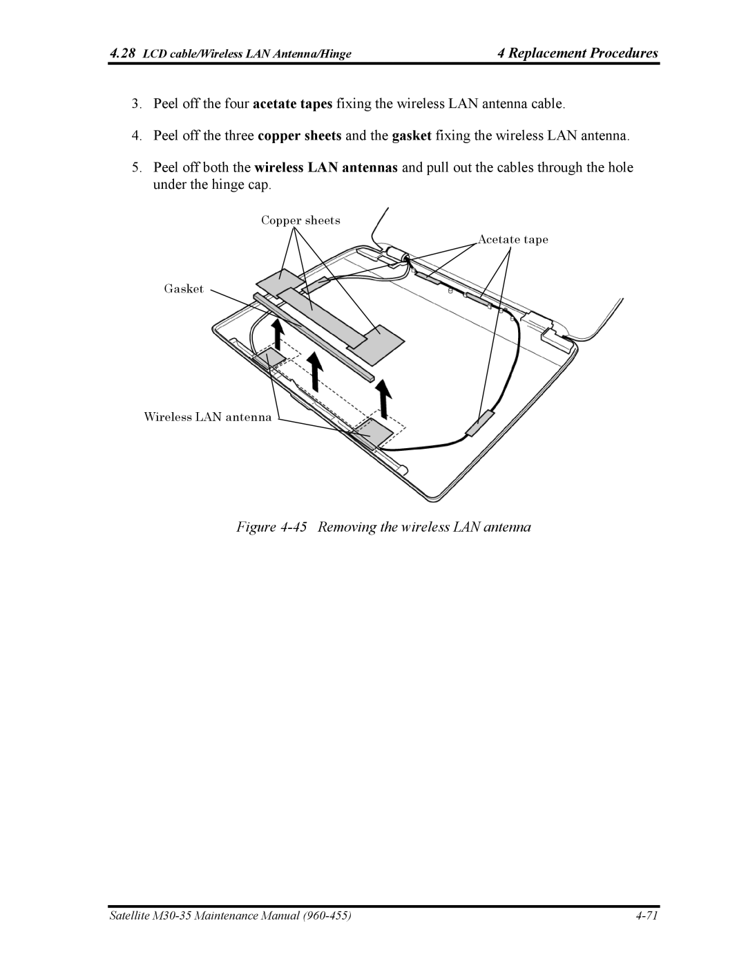 Toshiba M30-35 manual Removing the wireless LAN antenna 