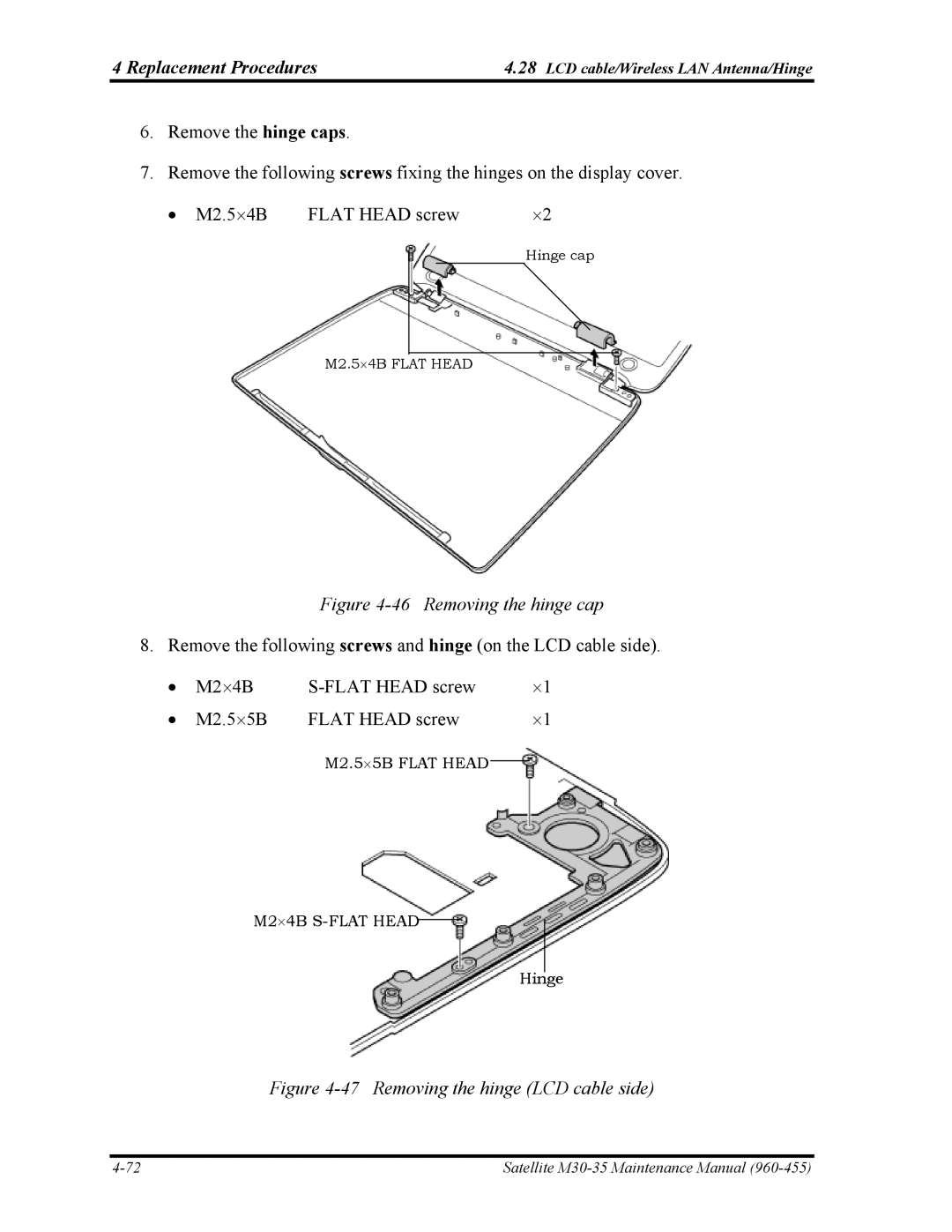 Toshiba M30-35 manual Removing the hinge cap 