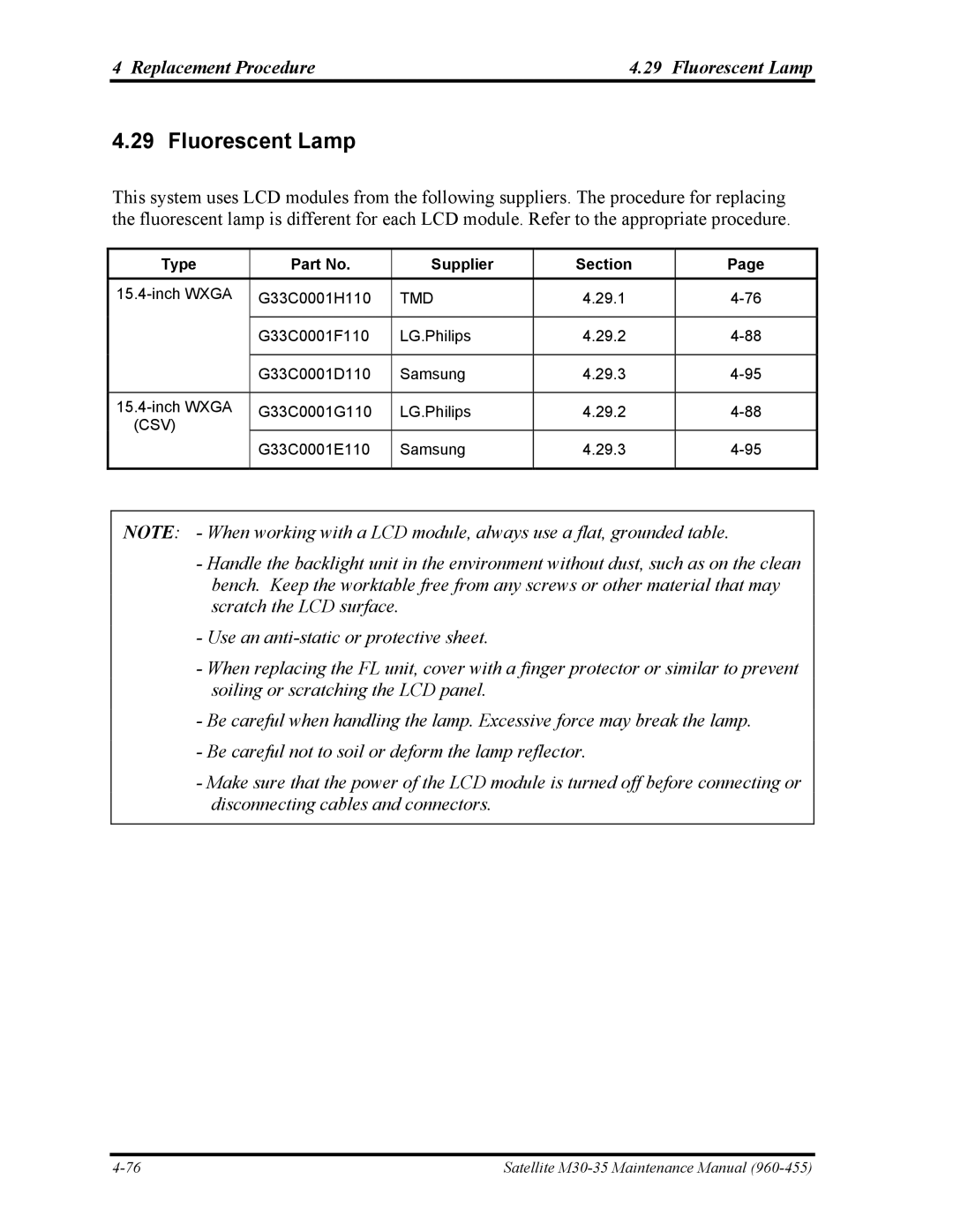 Toshiba M30-35 manual Replacement Procedure Fluorescent Lamp, Type Supplier Section 