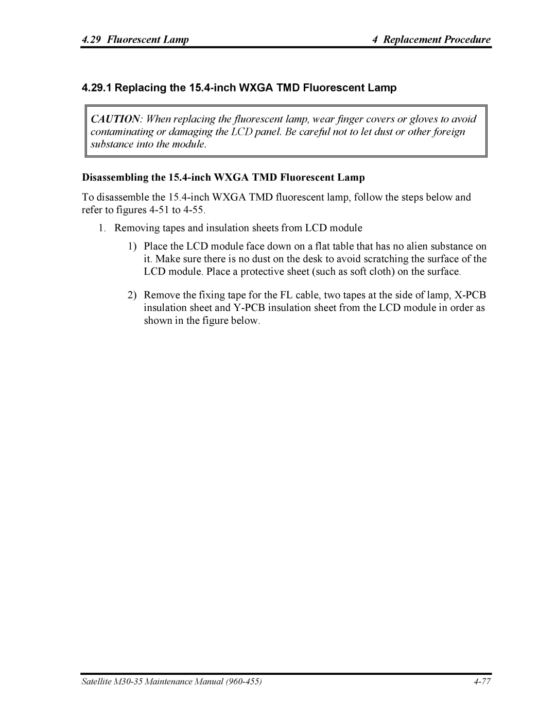 Toshiba M30-35 manual Fluorescent Lamp Replacement Procedure, Replacing the 15.4-inch Wxga TMD Fluorescent Lamp 