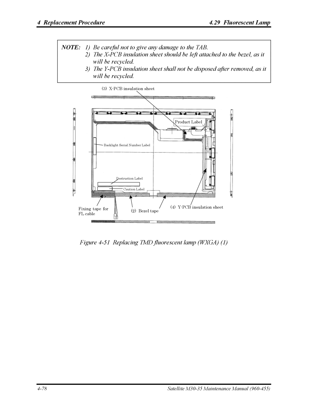 Toshiba M30-35 manual Replacing TMD fluorescent lamp Wxga 