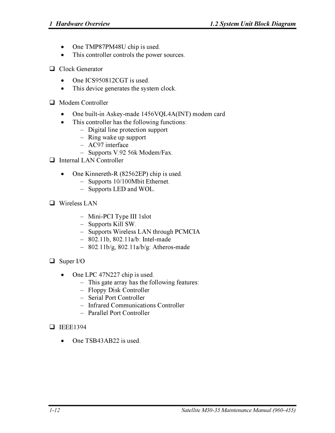 Toshiba M30-35 manual Hardware Overview System Unit Block Diagram 