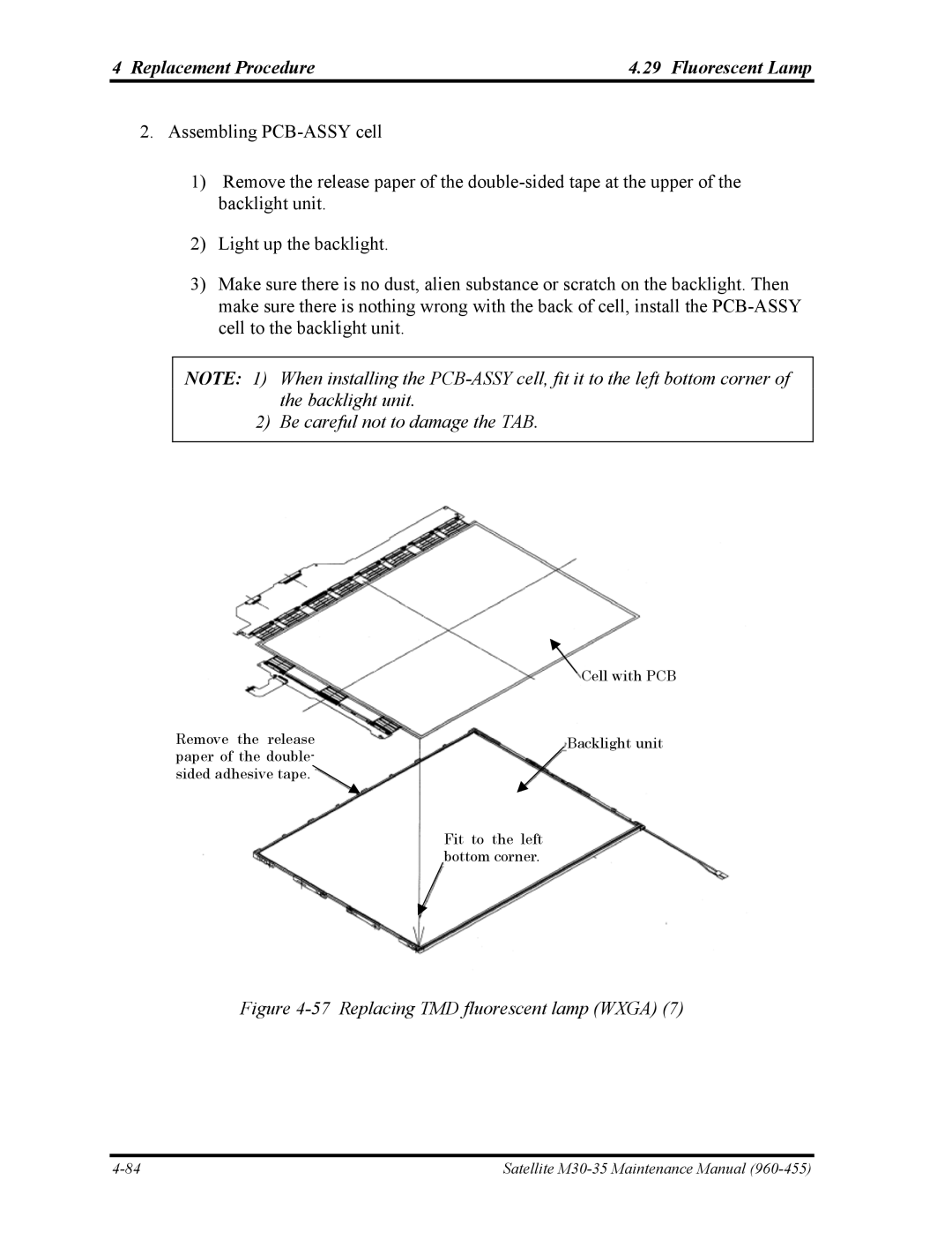 Toshiba M30-35 manual Be careful not to damage the TAB, Replacing TMD fluorescent lamp Wxga 