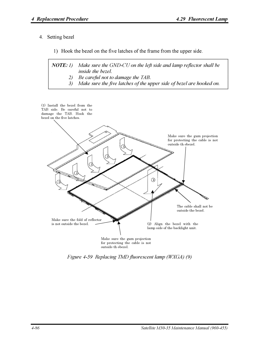 Toshiba M30-35 manual Replacing TMD fluorescent lamp Wxga 