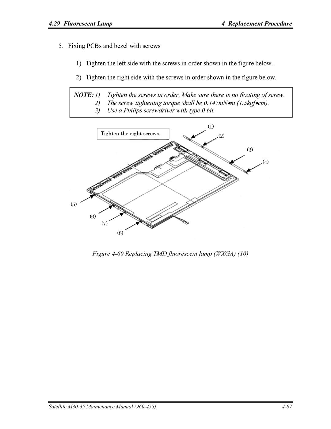 Toshiba M30-35 manual Replacing TMD fluorescent lamp Wxga 