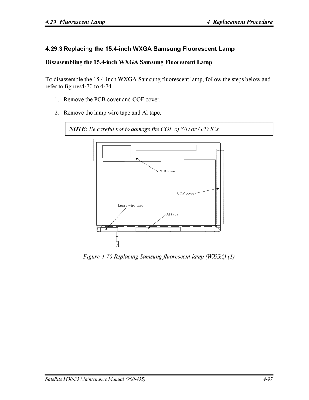 Toshiba M30-35 manual Replacing the 15.4-inch Wxga Samsung Fluorescent Lamp, Replacing Samsung fluorescent lamp Wxga 