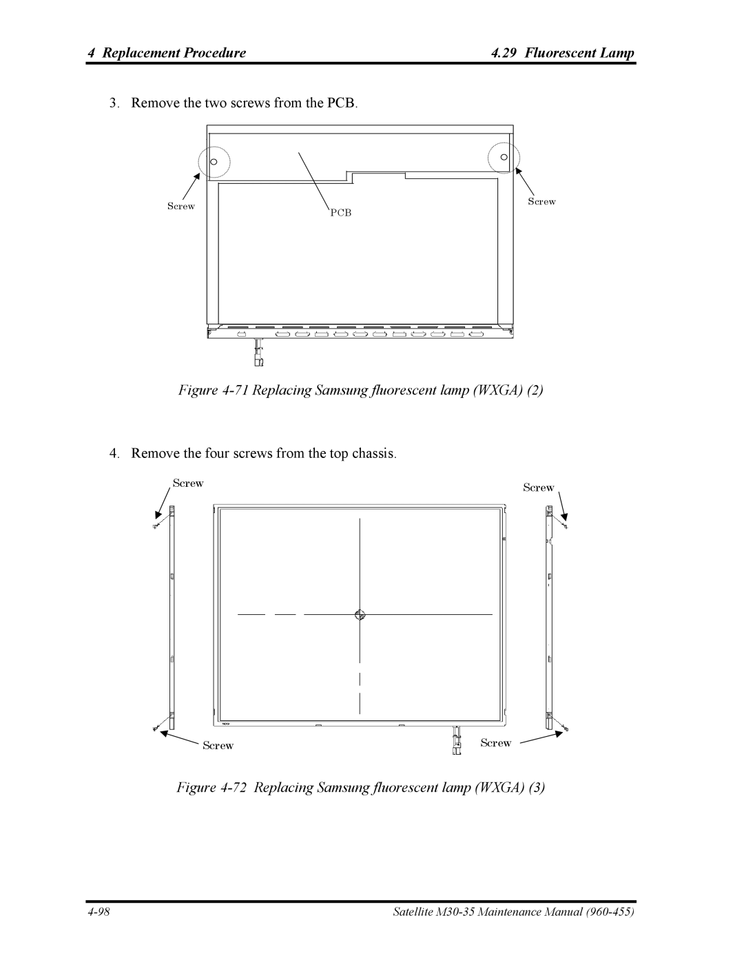 Toshiba M30-35 manual Replacing Samsung fluorescent lamp Wxga 