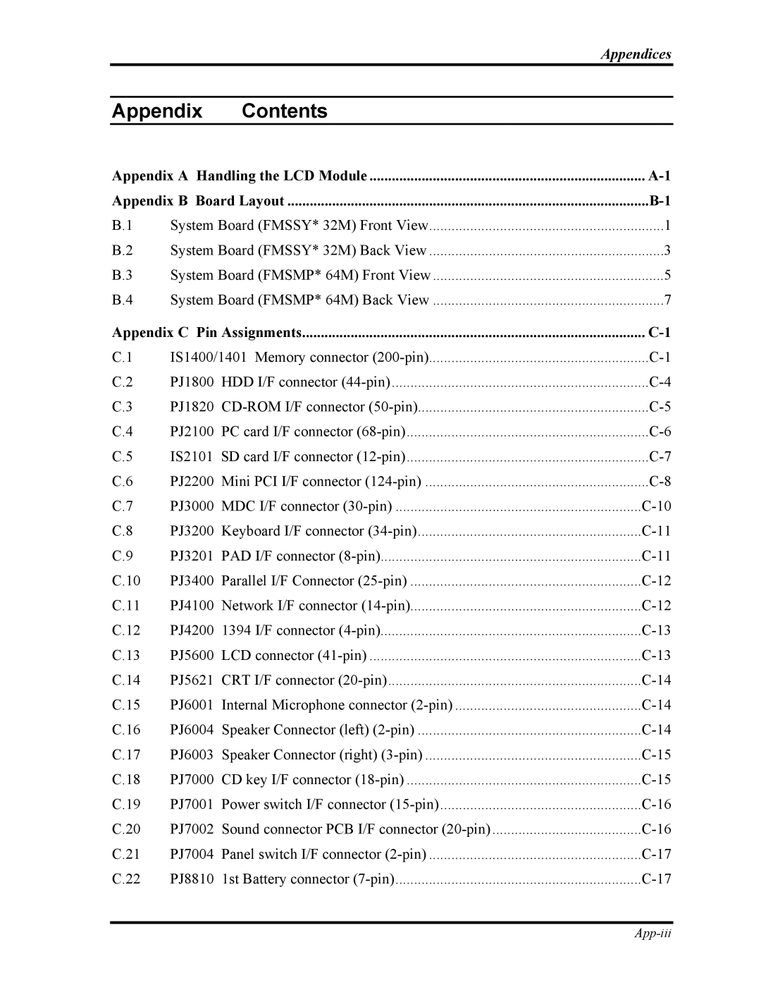 Toshiba M30-35 manual Appendix Contents 