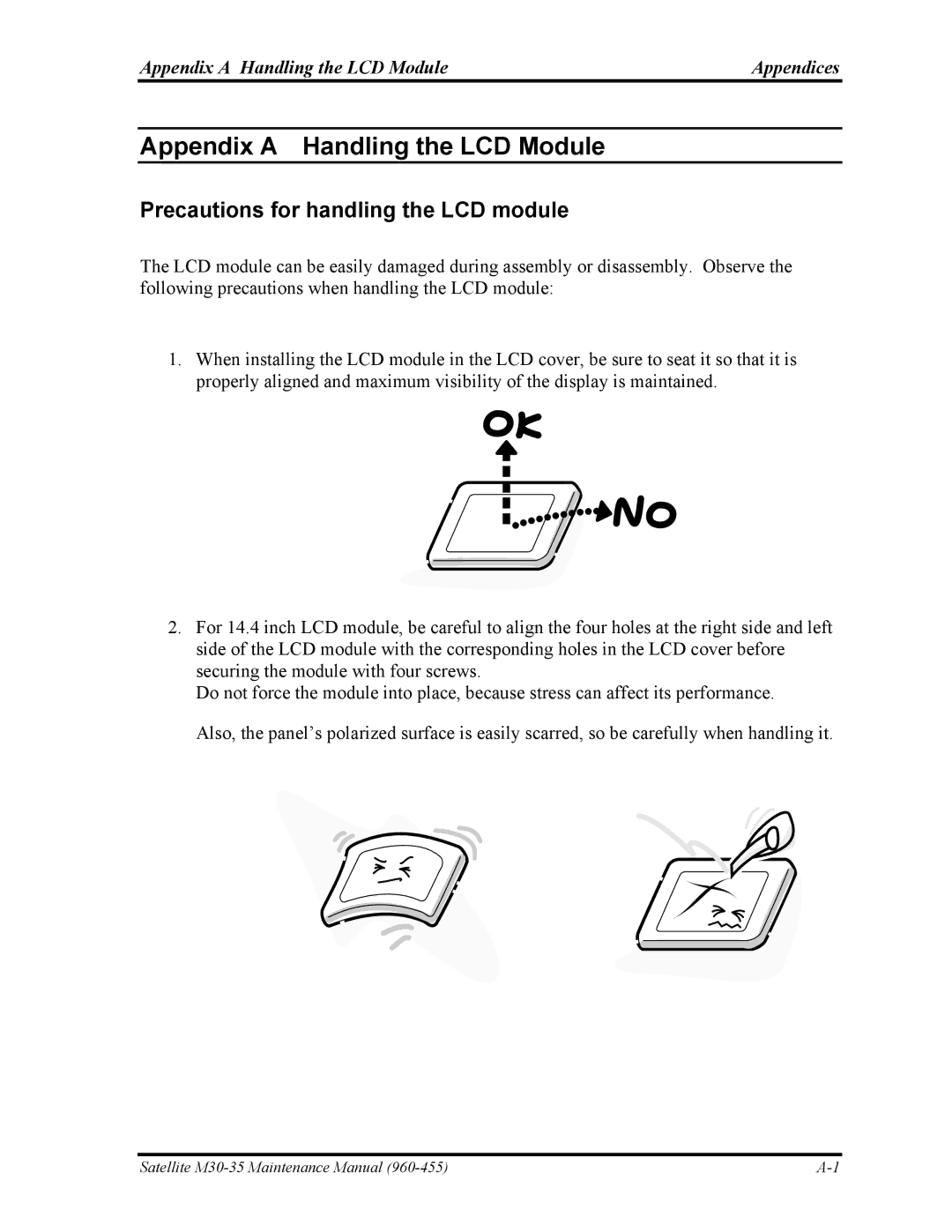 Toshiba M30-35 manual Precautions for handling the LCD module, Appendix a Handling the LCD Module Appendices 