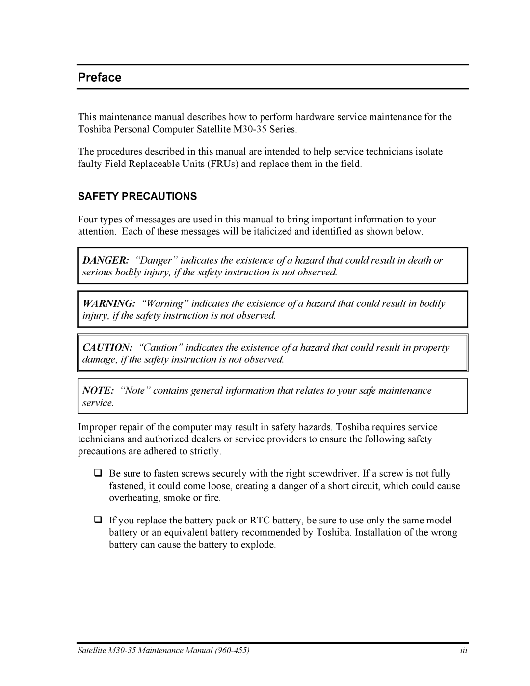 Toshiba M30-35 manual Preface, Safety Precautions 