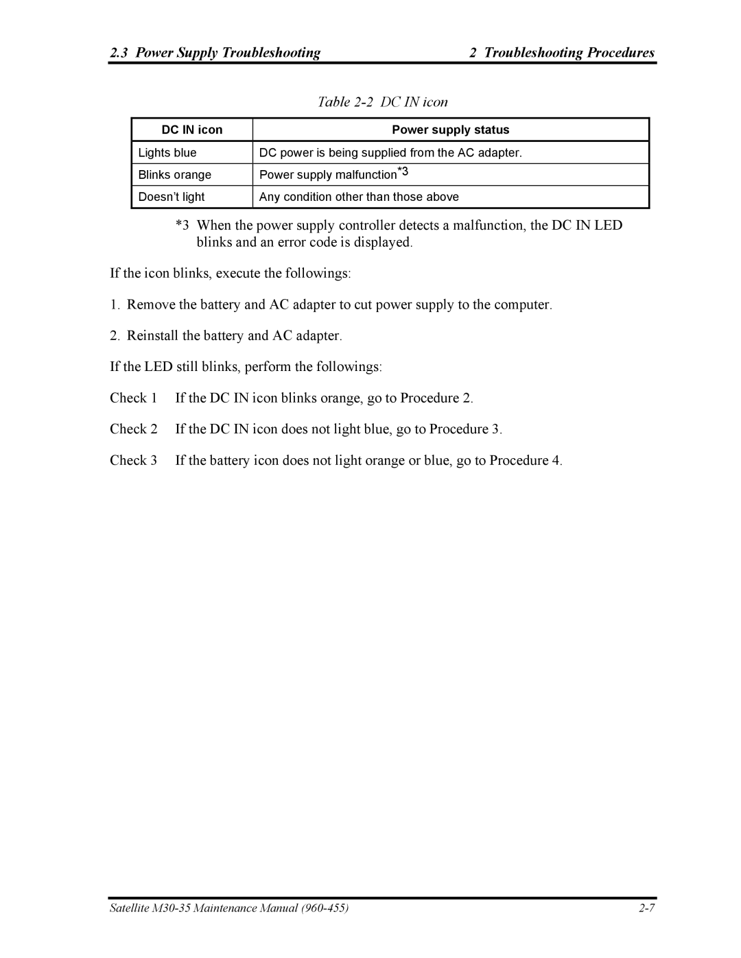 Toshiba M30-35 manual Power Supply Troubleshooting Troubleshooting Procedures, DC in icon Power supply status 