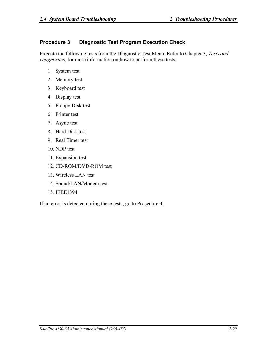 Toshiba M30-35 manual Procedure 3 Diagnostic Test Program Execution Check 