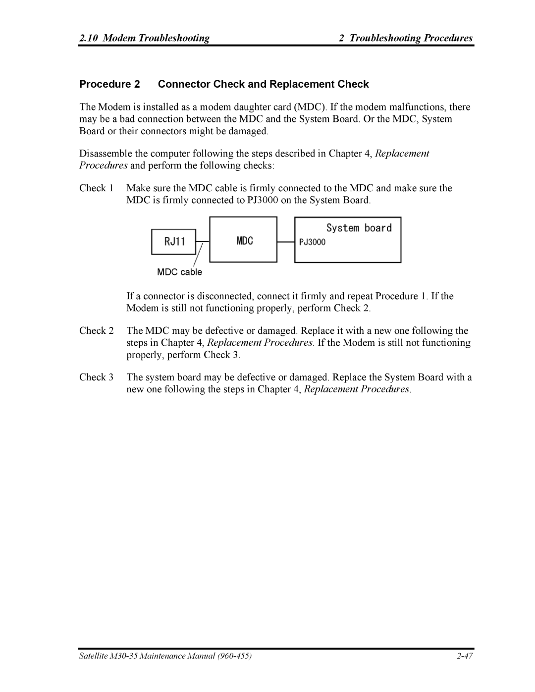 Toshiba M30-35 manual Modem Troubleshooting Troubleshooting Procedures 