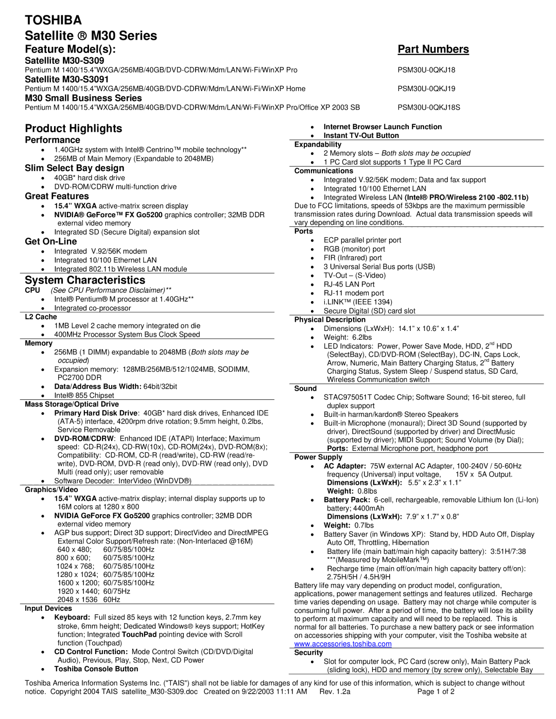 Toshiba M30-S3091 dimensions Feature Models Part Numbers, Product Highlights, System Characteristics 