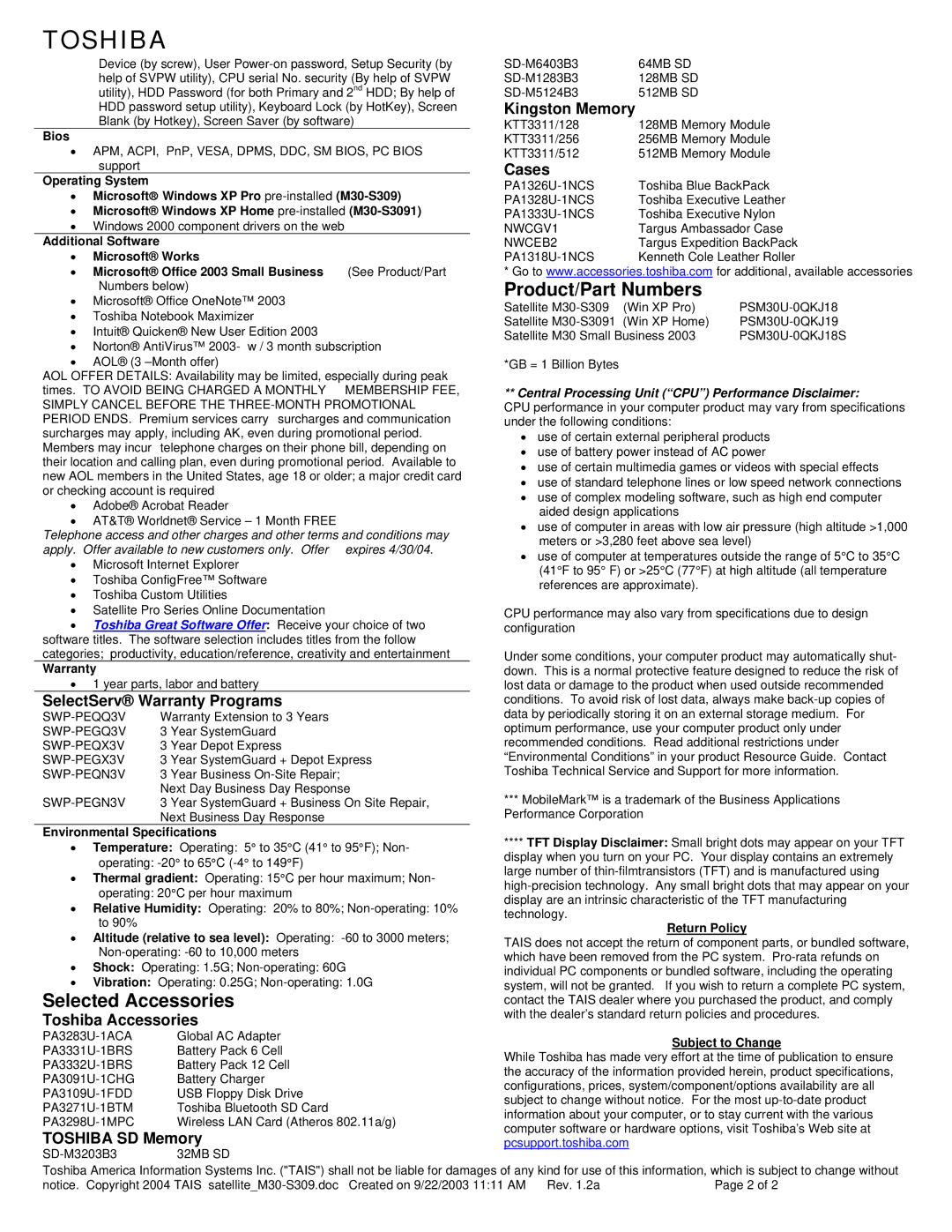 Toshiba M30-S3091 dimensions Selected Accessories, Product/Part Numbers 