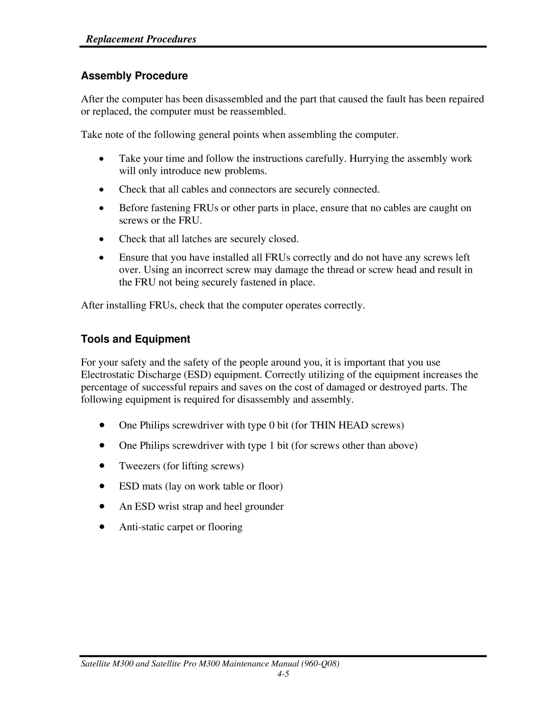 Toshiba M300 manual Assembly Procedure, Tools and Equipment 