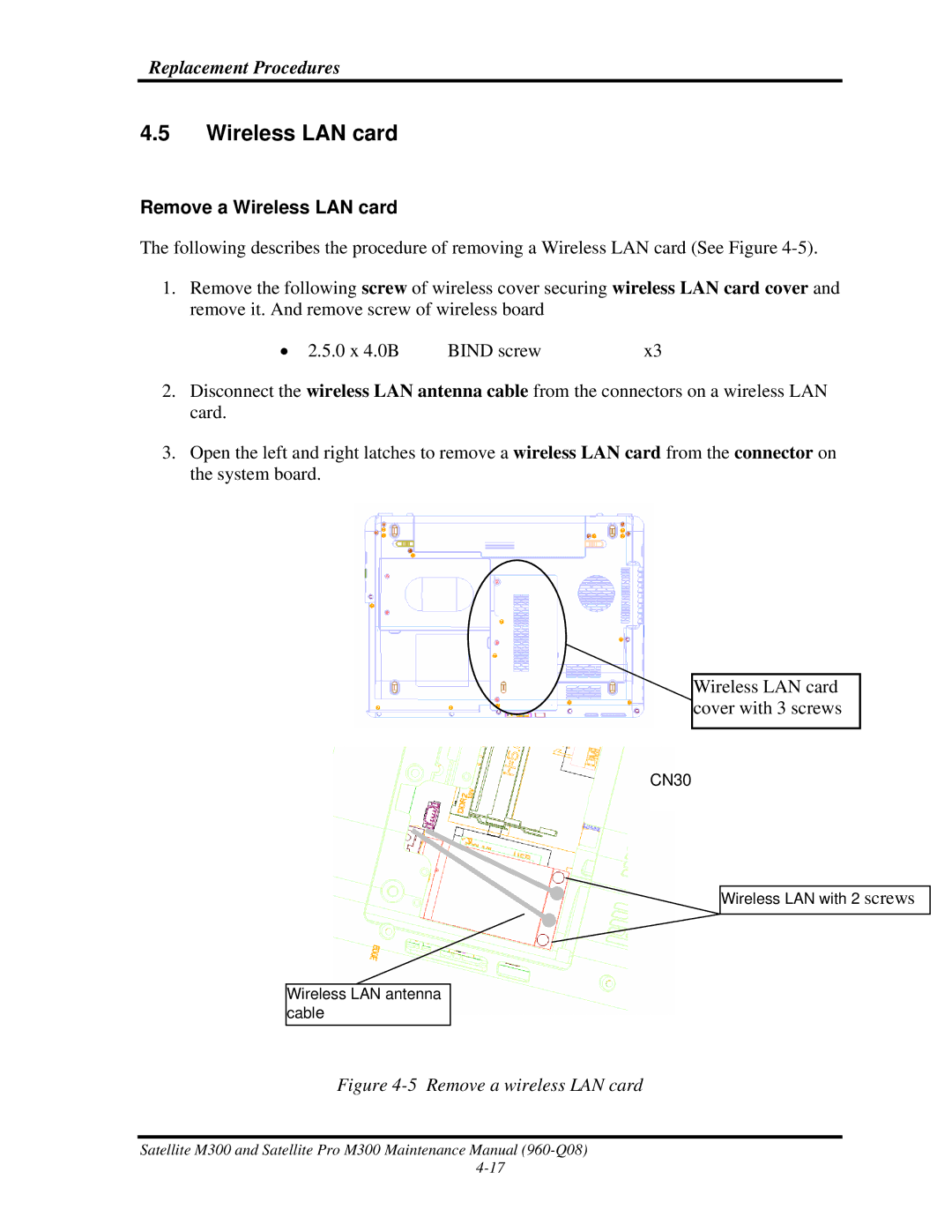 Toshiba M300 manual Remove a Wireless LAN card 