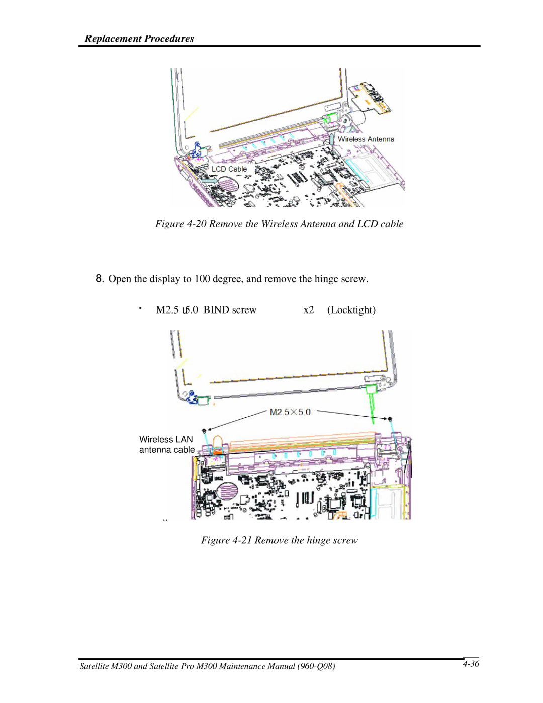 Toshiba M300 manual Remove the Wireless Antenna and LCD cable 