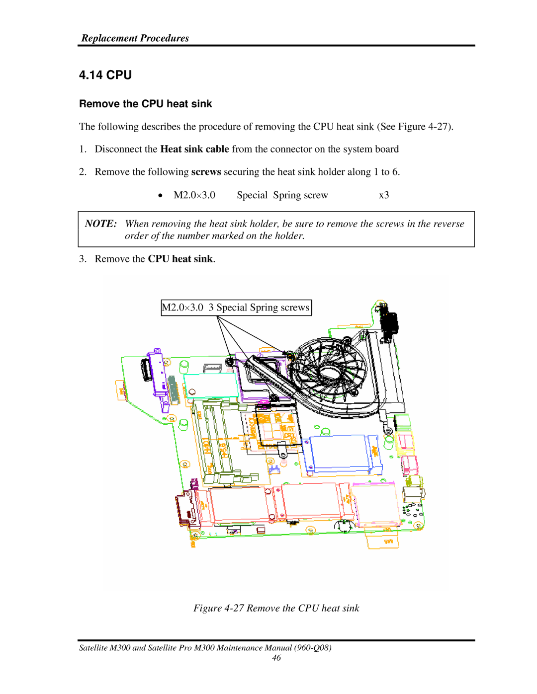 Toshiba M300 manual 14 CPU, Remove the CPU heat sink 