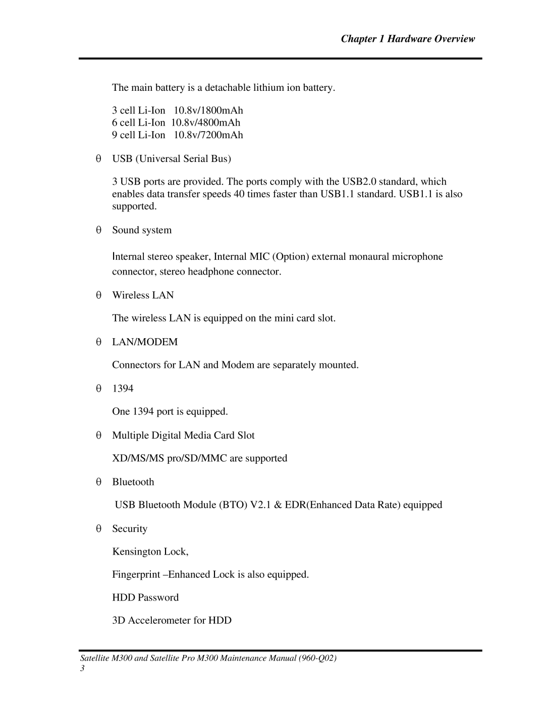 Toshiba M300 manual Hardware Overview 