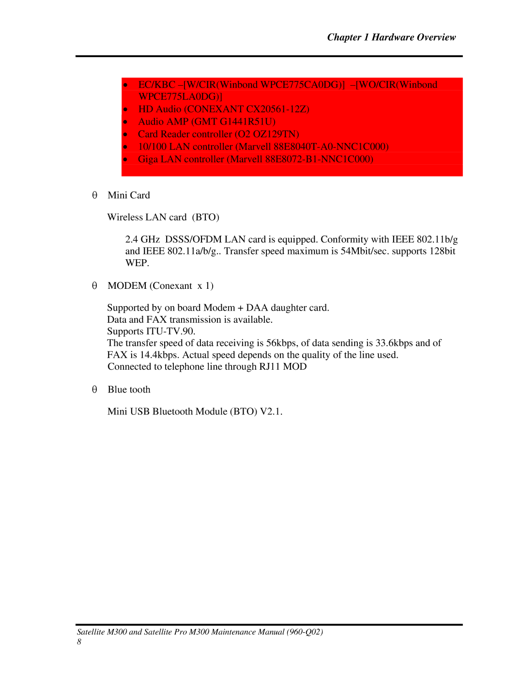 Toshiba M300 manual Hardware Overview 