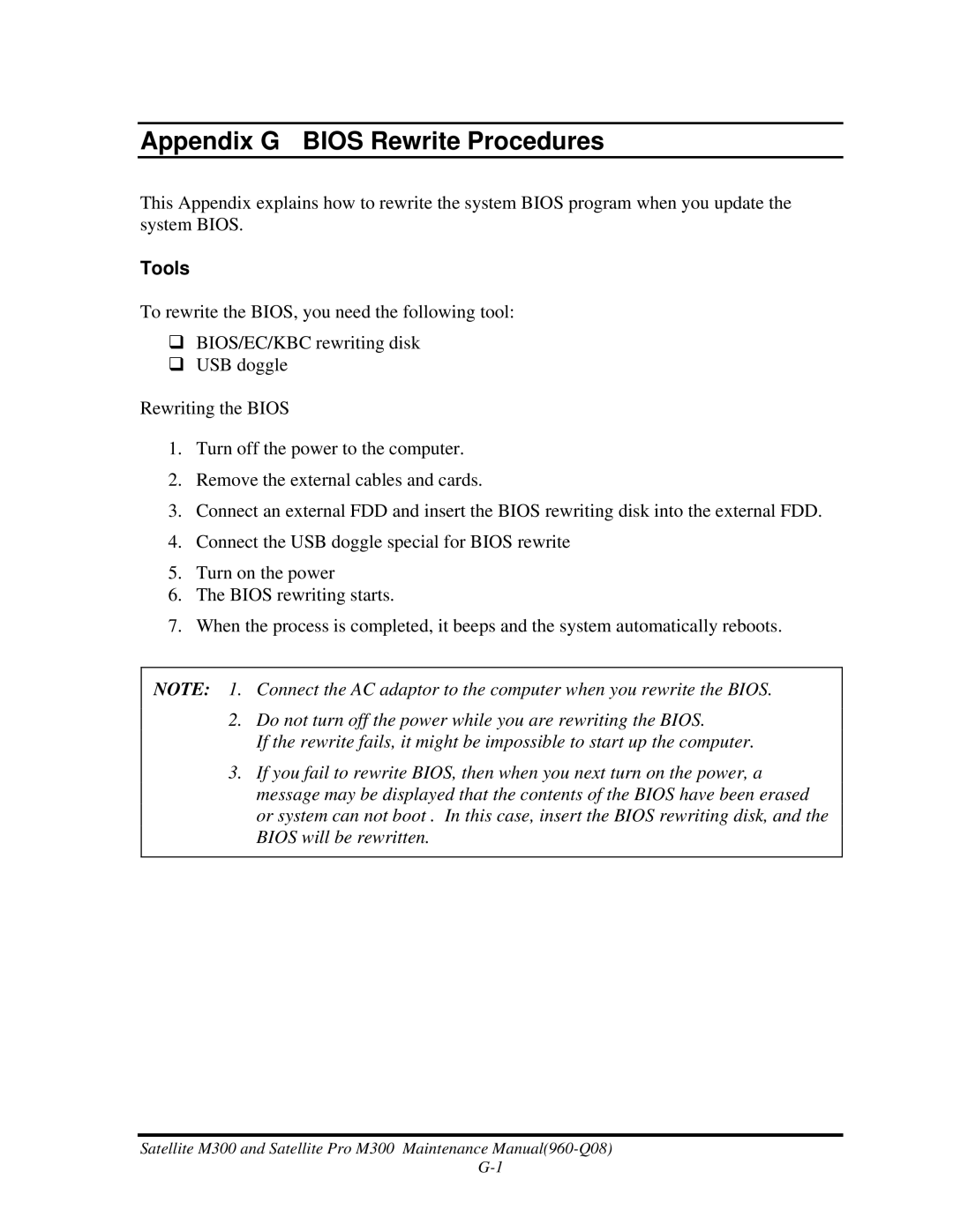 Toshiba M300 manual Appendix G Bios Rewrite Procedures, Tools 