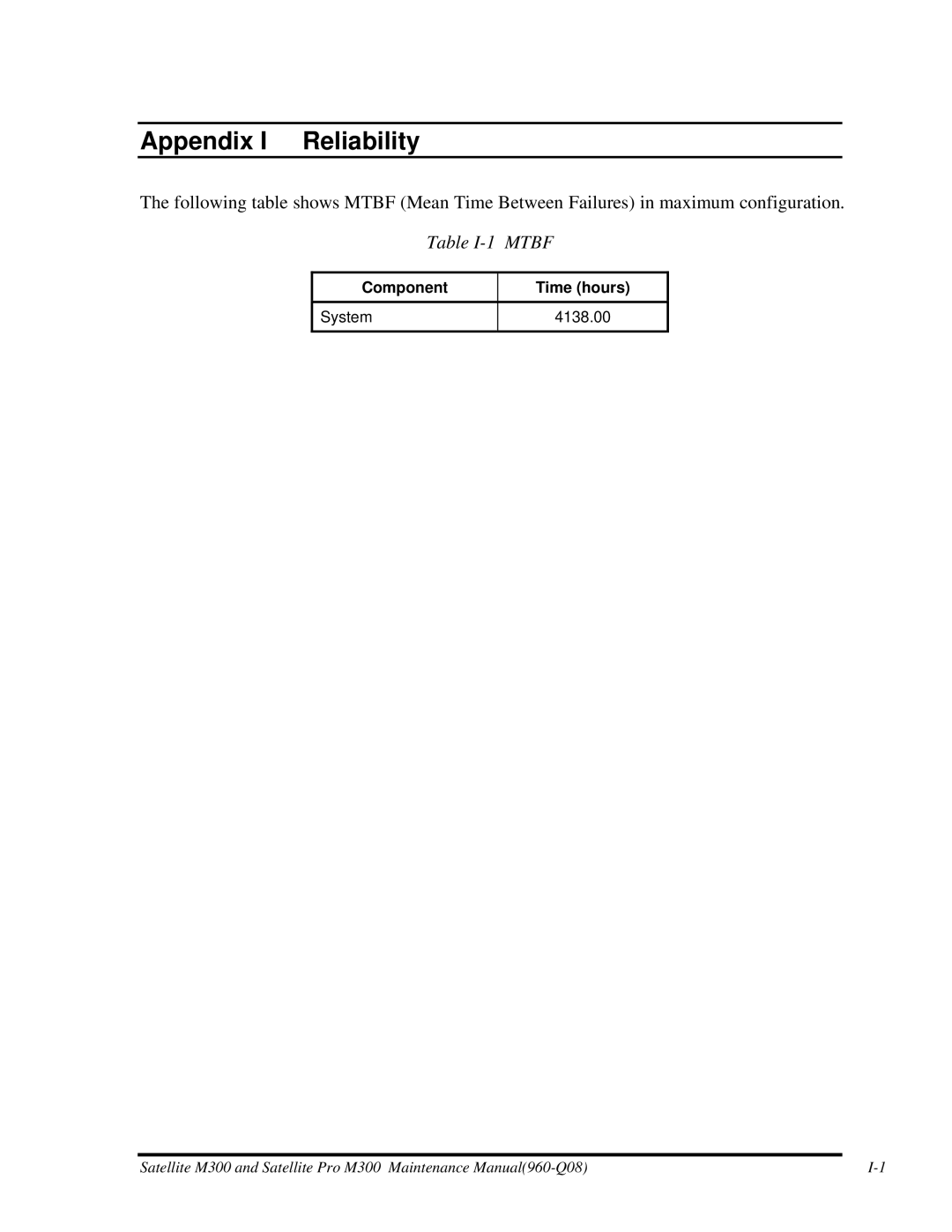 Toshiba M300 manual Appendix I Reliability, Table I-1 Mtbf 