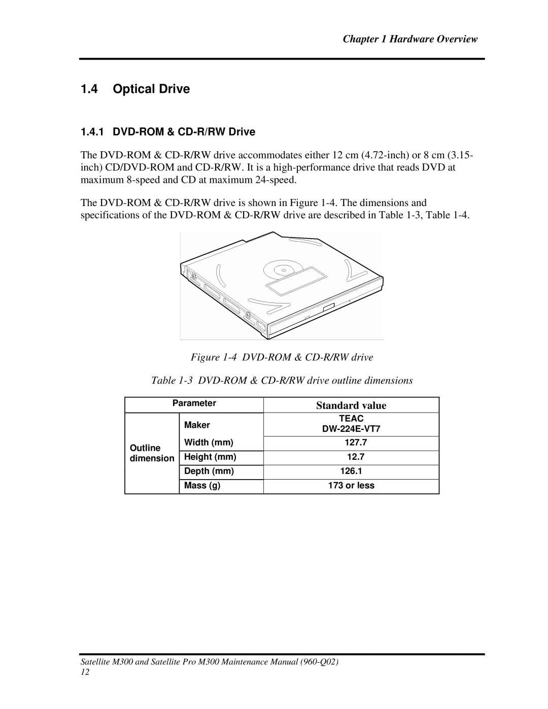 Toshiba M300 manual Optical Drive, DVD-ROM & CD-R/RW Drive 