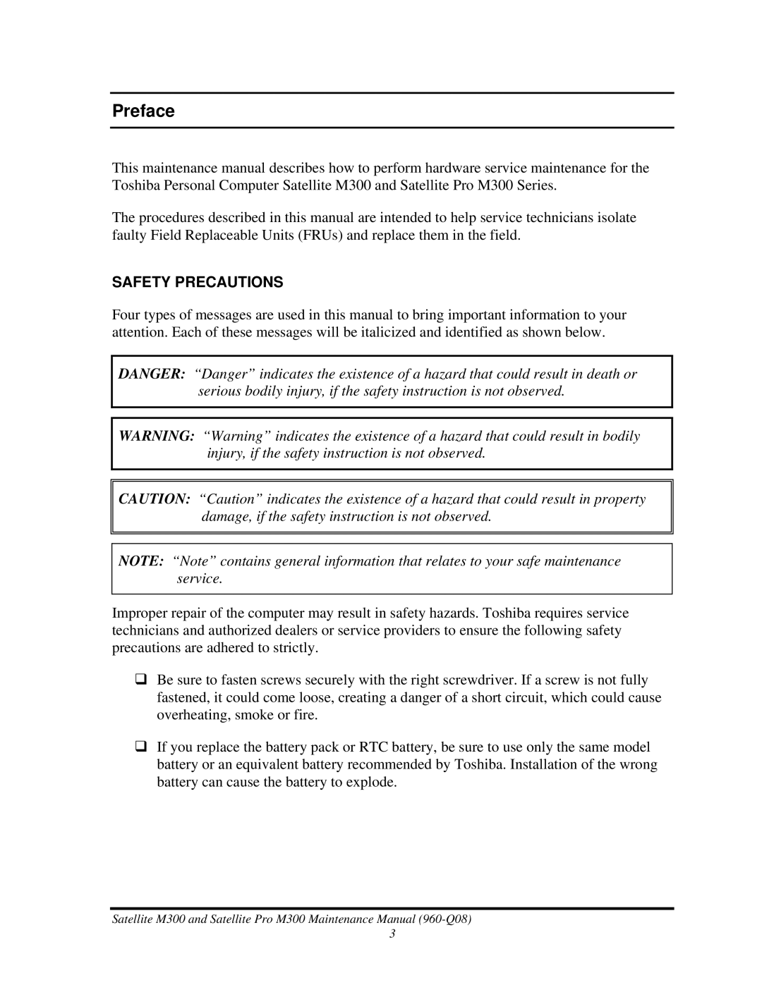 Toshiba M300 manual Preface, Safety Precautions 