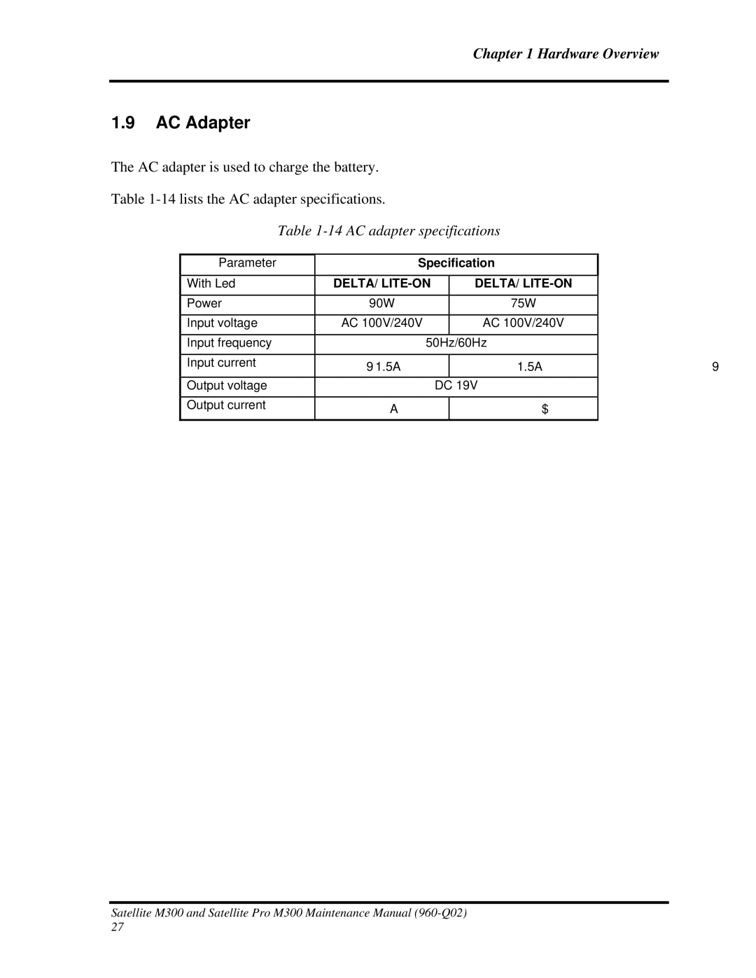 Toshiba M300 manual AC Adapter, AC adapter specifications 