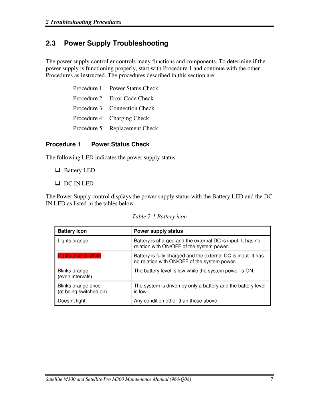 Toshiba M300 manual Power Supply Troubleshooting, Procedure 1 Power Status Check, Battery icon 