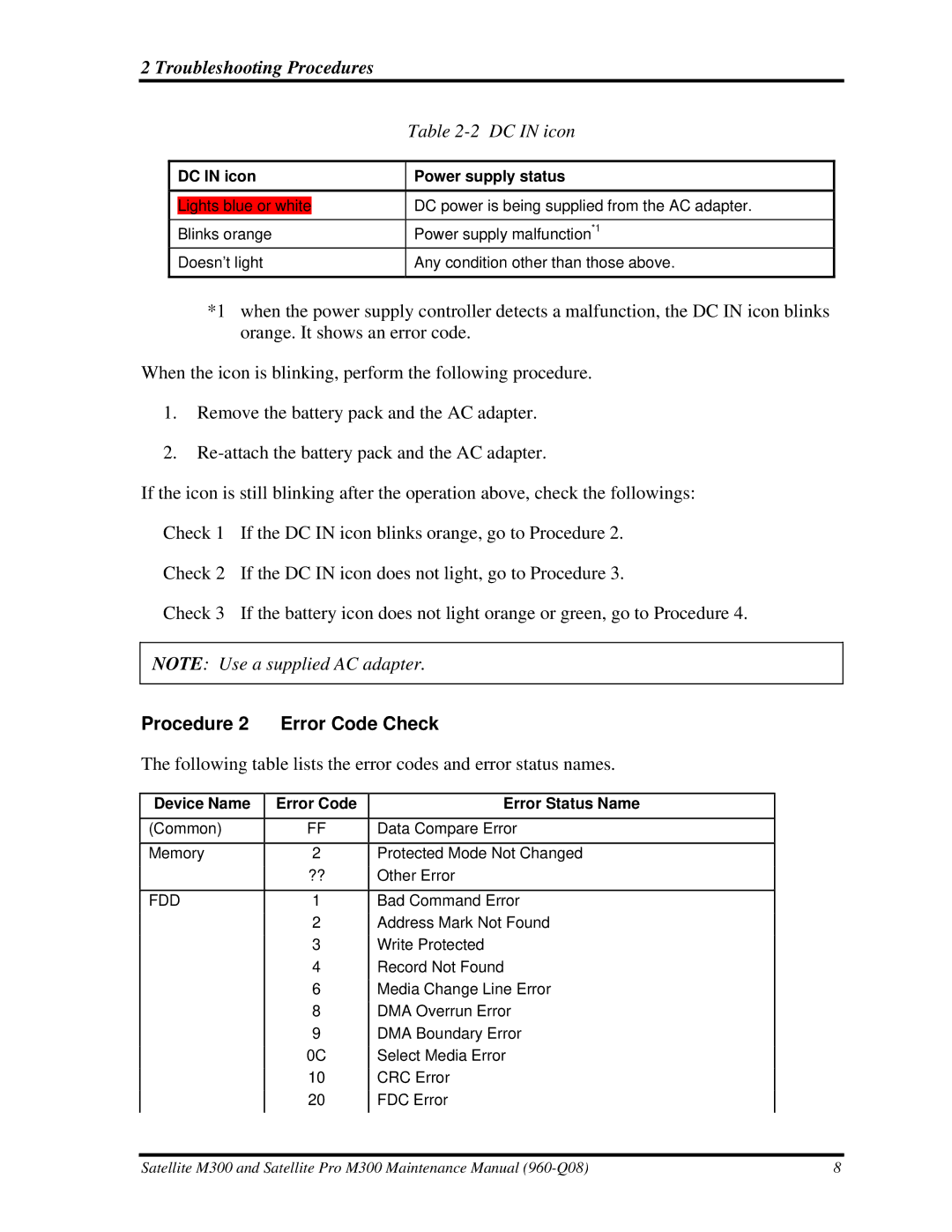 Toshiba M300 manual DC in icon, Procedure 2 Error Code Check 