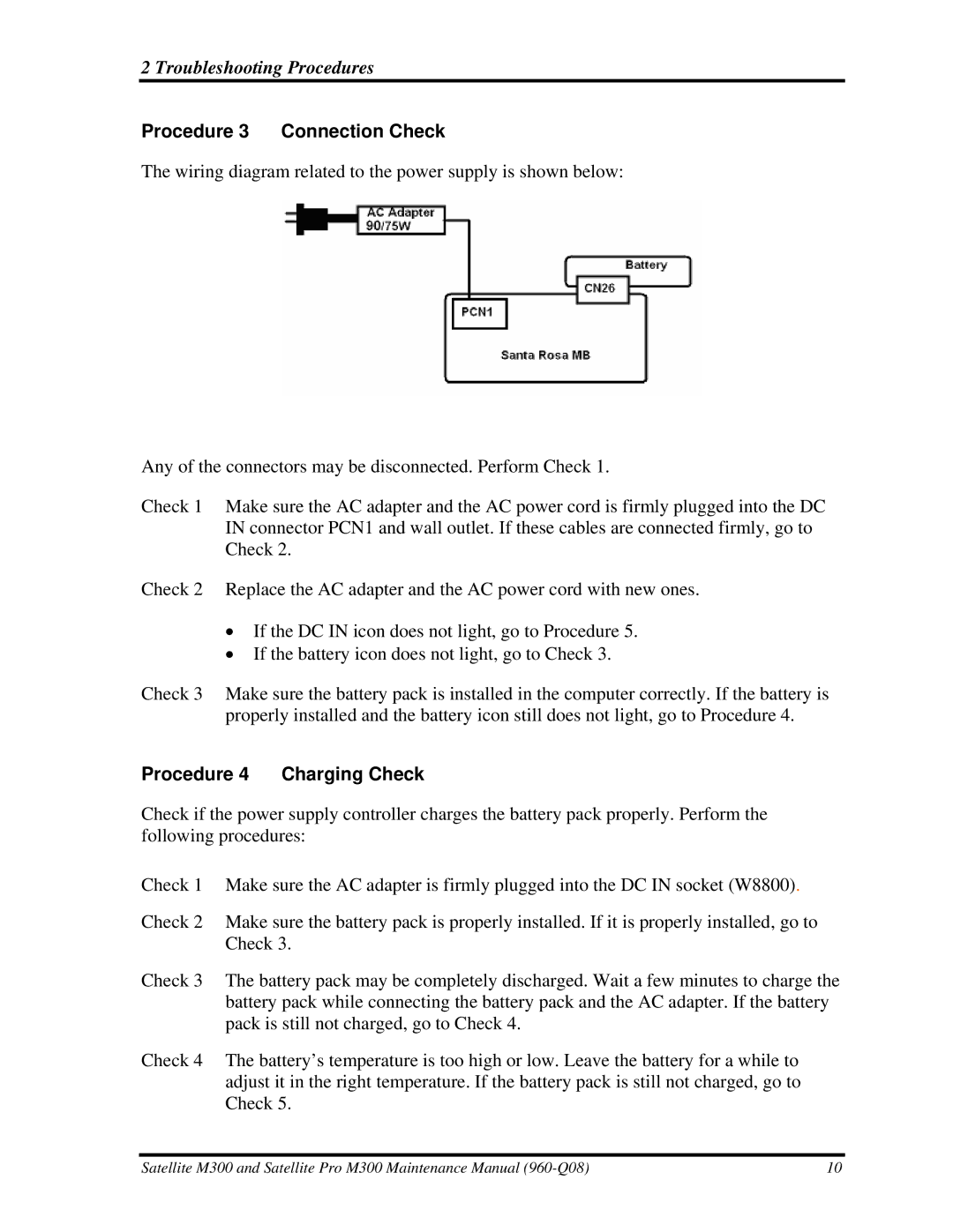 Toshiba M300 manual Procedure 3 Connection Check, Procedure 4 Charging Check 