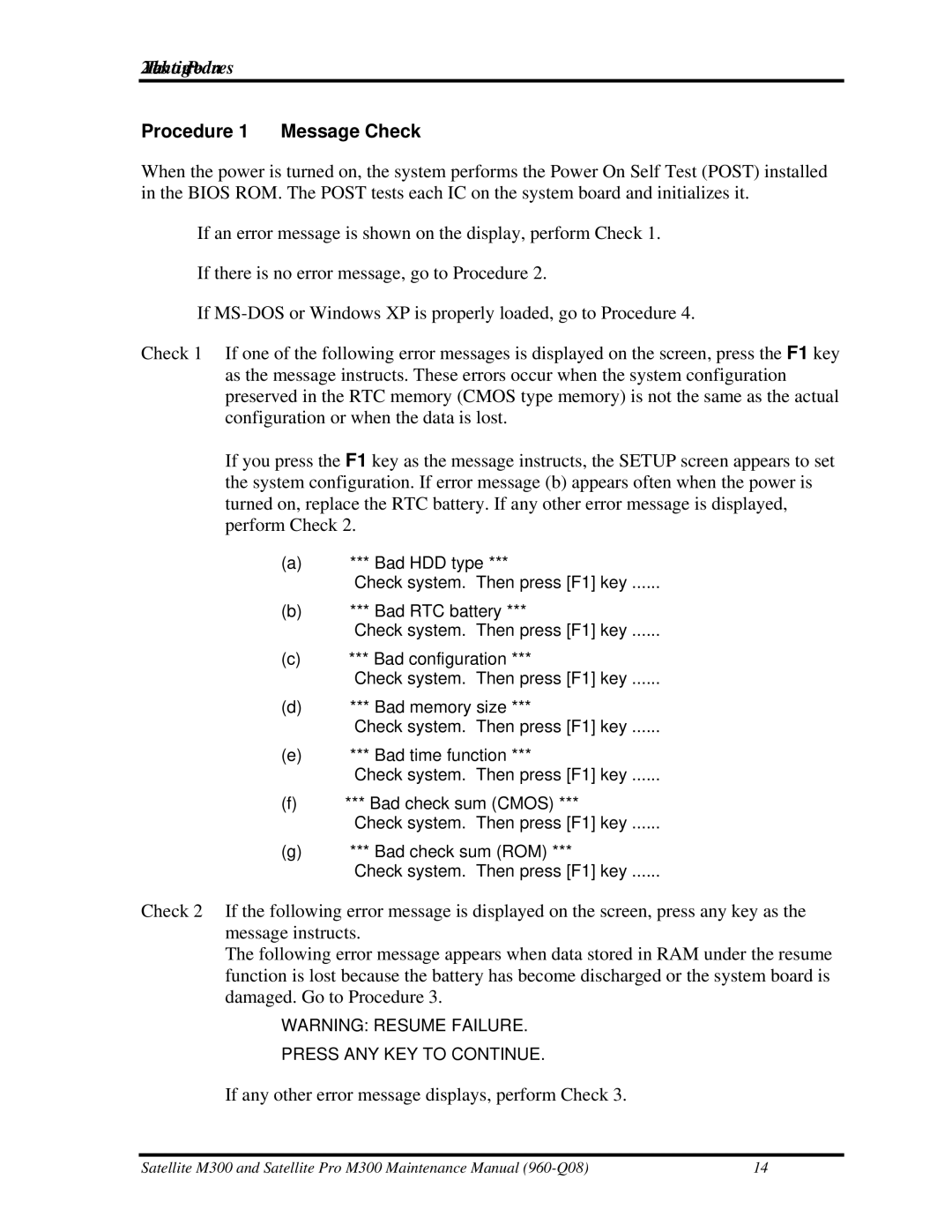 Toshiba M300 manual Procedure 1 Message Check 