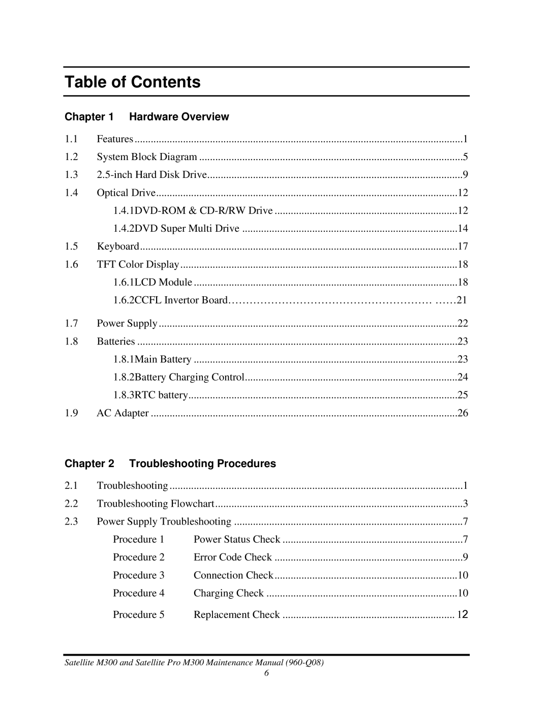 Toshiba M300 manual Table of Contents 