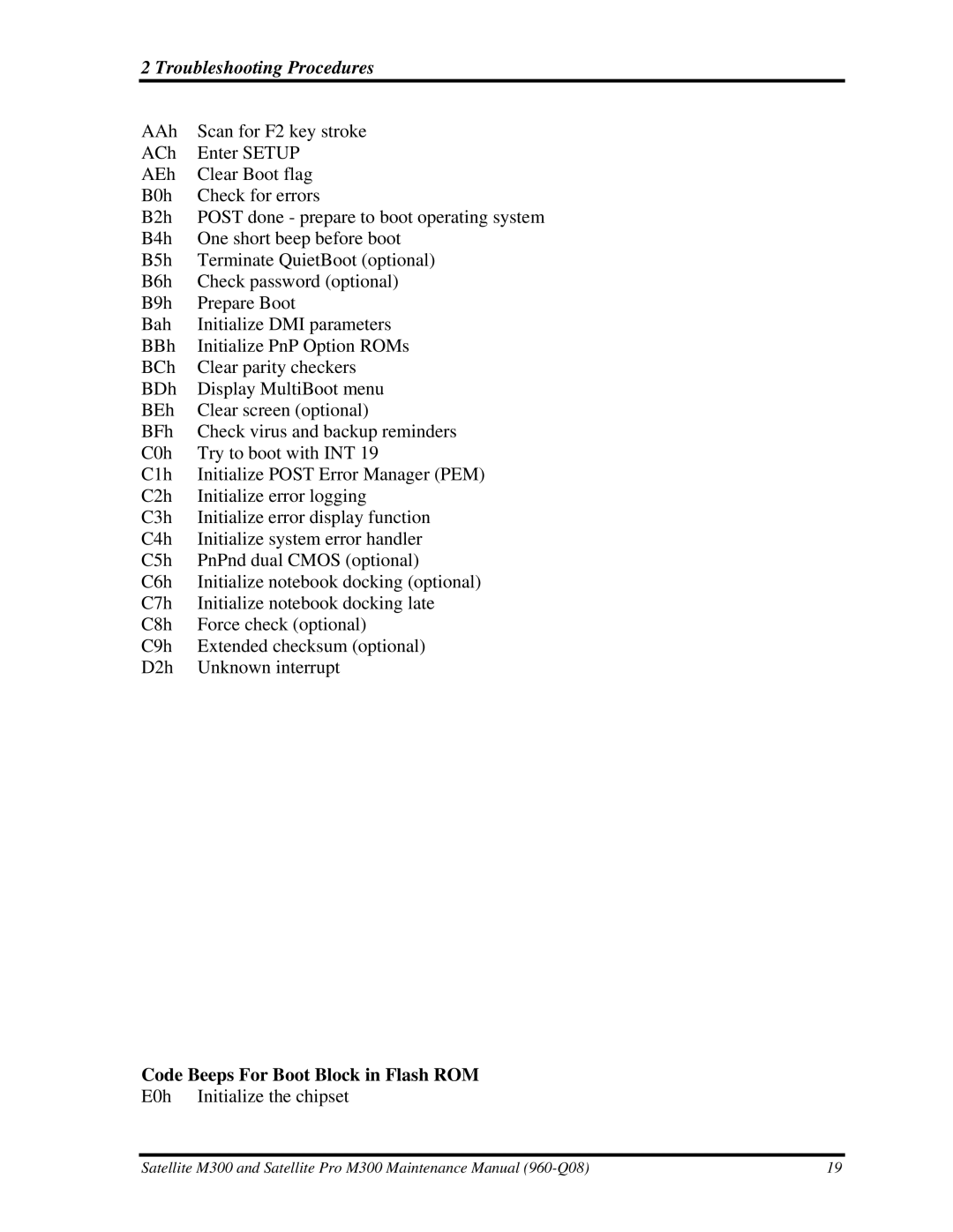 Toshiba M300 manual Code Beeps For Boot Block in Flash ROM 