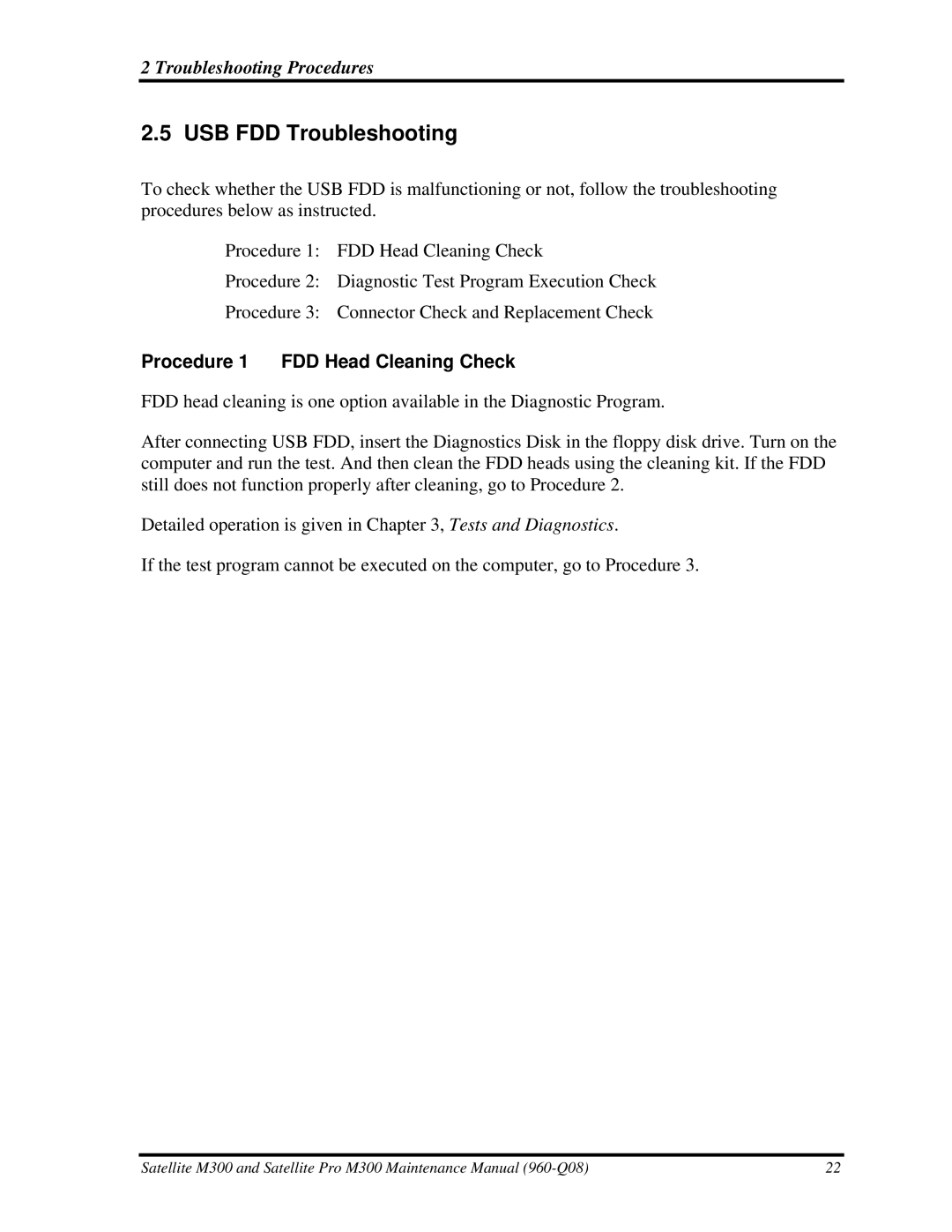 Toshiba M300 manual USB FDD Troubleshooting, Procedure 1 FDD Head Cleaning Check 