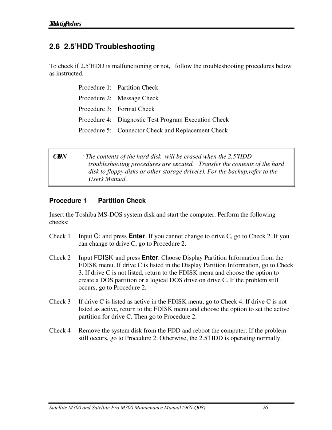 Toshiba M300 manual HDD Troubleshooting, Procedure 1 Partition Check 
