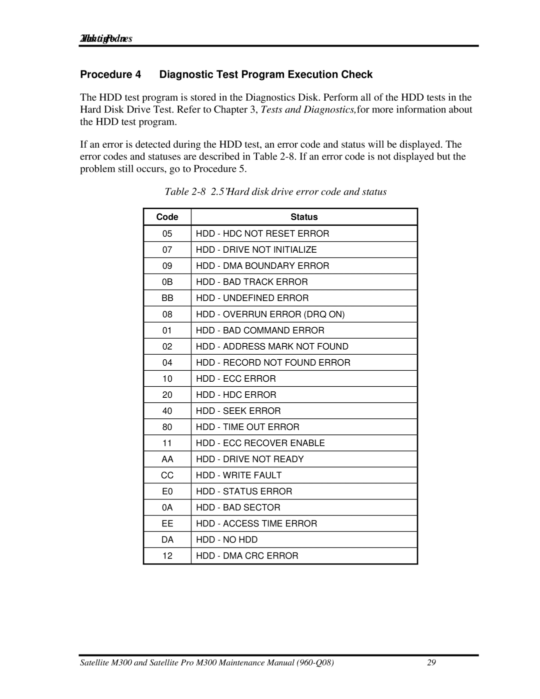 Toshiba M300 manual Procedure 4 Diagnostic Test Program Execution Check, Hard disk drive error code and status 