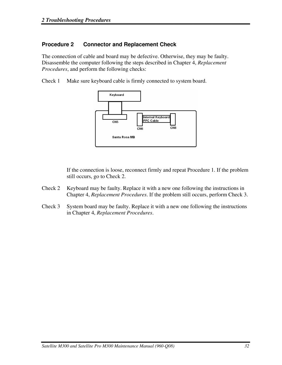 Toshiba M300 manual Procedure 2 Connector and Replacement Check 