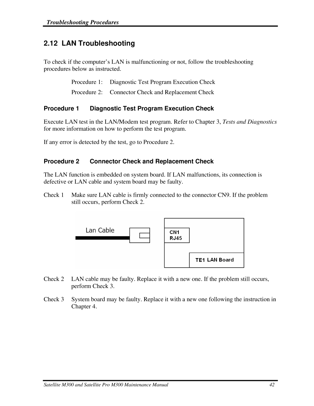 Toshiba M300 manual LAN Troubleshooting, Procedure 1 Diagnostic Test Program Execution Check 