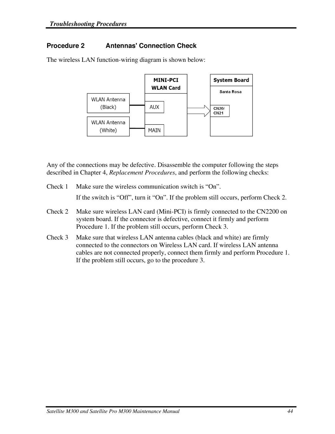 Toshiba M300 manual Procedure 2 Antennas Connection Check 