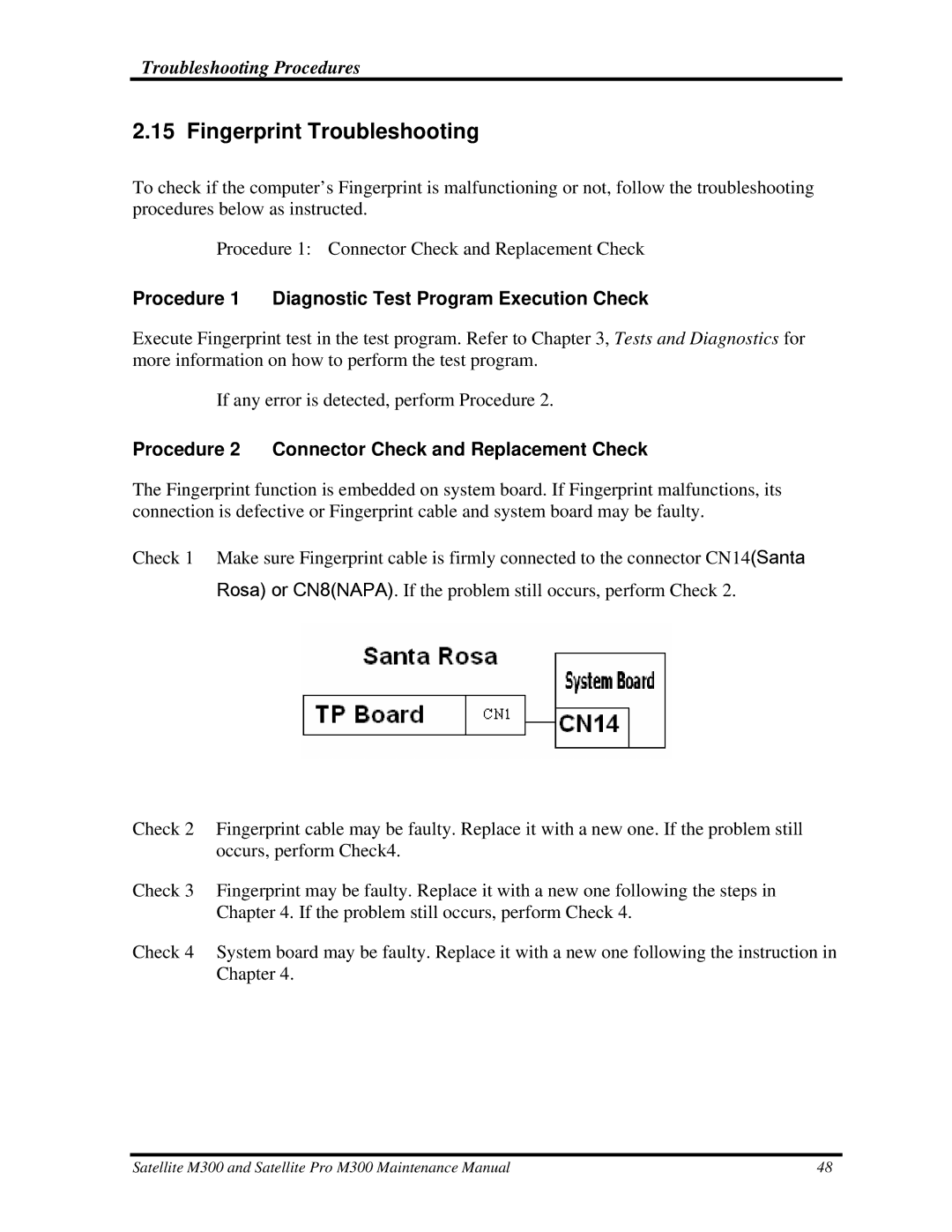 Toshiba M300 manual Fingerprint Troubleshooting, Procedure 1 Diagnostic Test Program Execution Check 