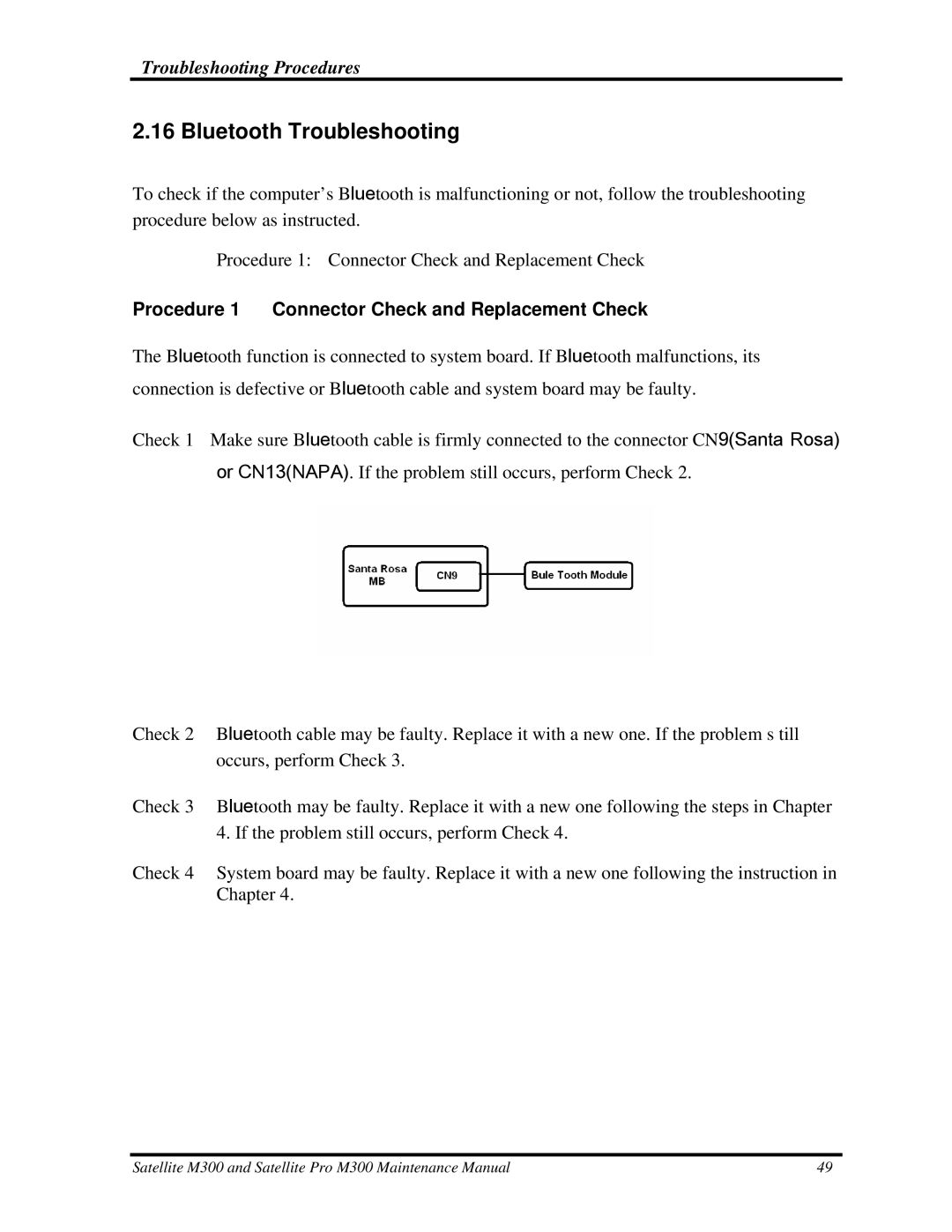 Toshiba M300 manual Bluetooth Troubleshooting, Procedure 1 Connector Check and Replacement Check 