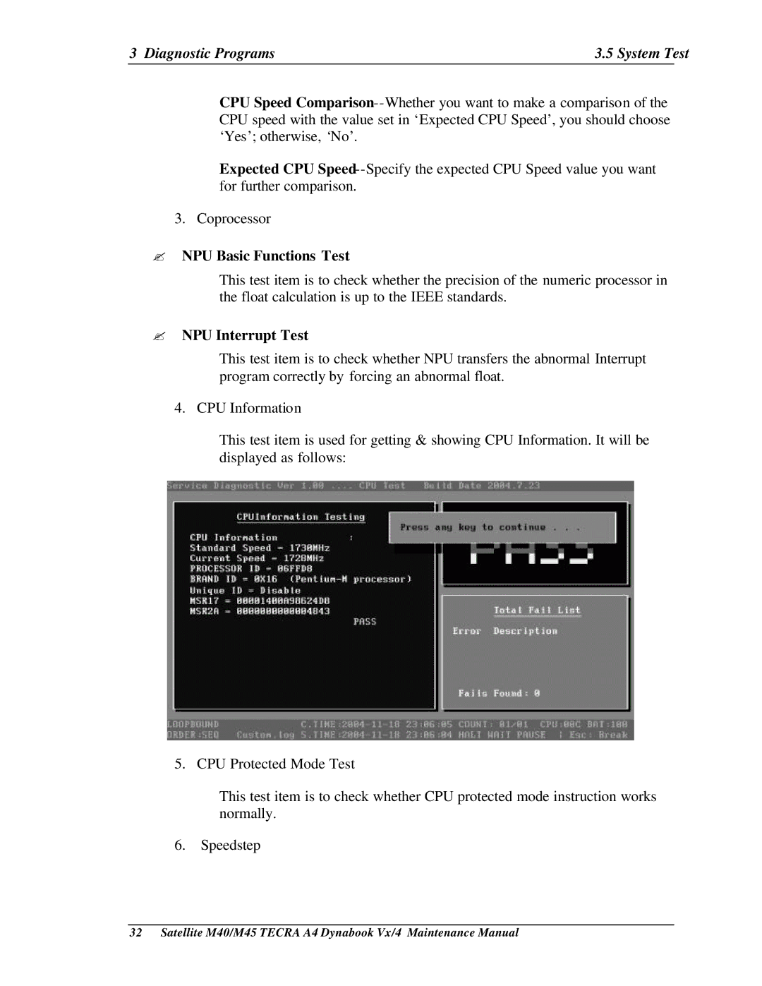 Toshiba M40, Satellite manual ? NPU Basic Functions Test, ? NPU Interrupt Test 