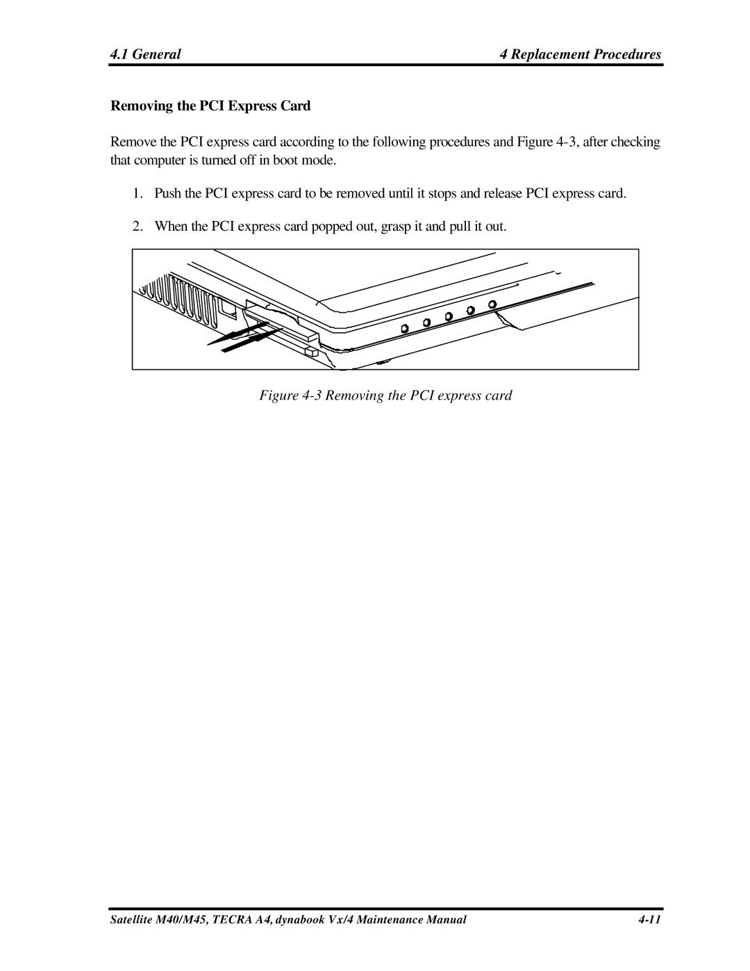 Toshiba Satellite, M40 manual Removing the PCI Express Card, Removing the PCI express card 