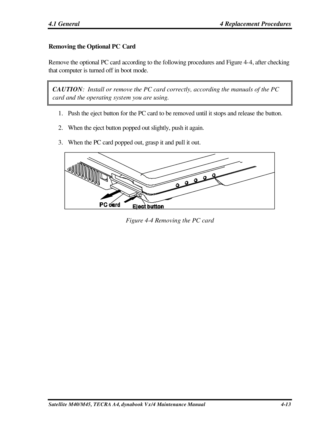 Toshiba Satellite, M40 manual Removing the Optional PC Card, Removing the PC card 