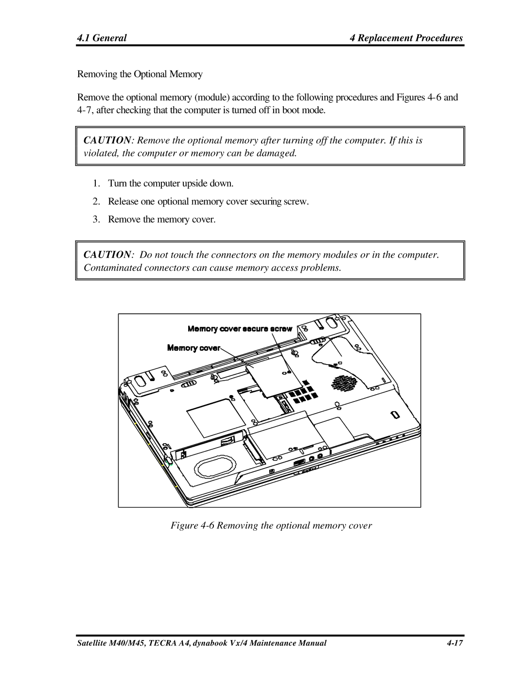 Toshiba Satellite, M40 manual Removing the optional memory cover 