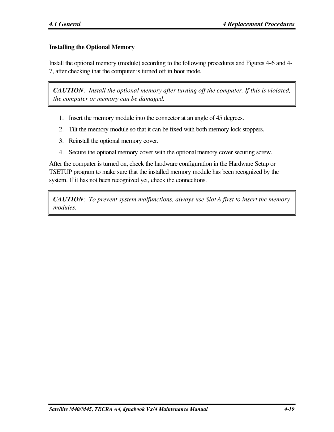 Toshiba Satellite, M40 manual Installing the Optional Memory 