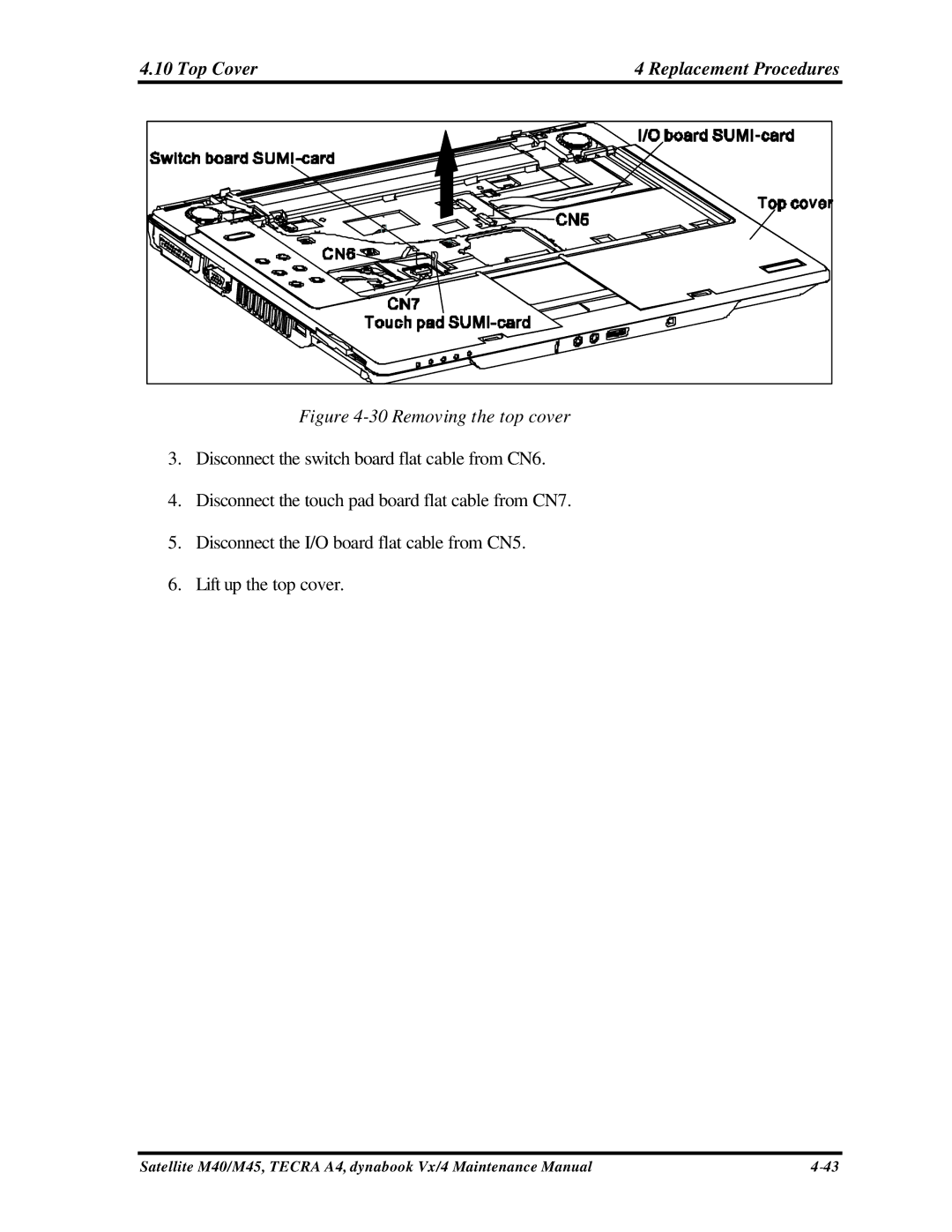 Toshiba M40, Satellite manual Top Cover Replacement Procedures, Removing the top cover 
